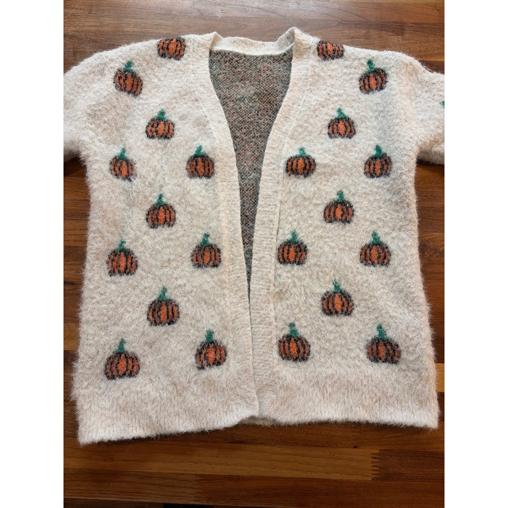 Kids Pumpkin Pattern Fuzzy Knit Cardigan Cream Orange Halloween Sweater 8T
